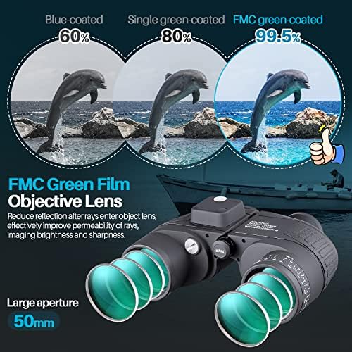 10x50 Marine Binoculars with Rangefinder for Adults - IPX7 Waterproof BAK4 Prism FMC Lens Binoculars with Compass and Shoulder Harness Strap for Navigation Hunting Bird Watching