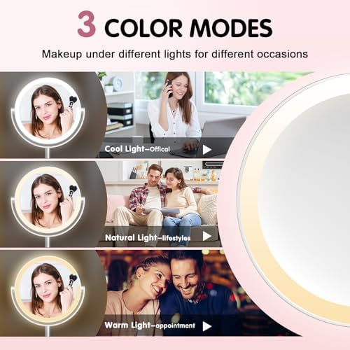 10x Magnifying Mirror with Light - 8in Double Sided Makeup Mirror, 360° Rotation Magnifying Mirror with Light, Portable Travel Makeup Mirror with 3 Color Light,Rechargeable Adjustable Vanity Mirror