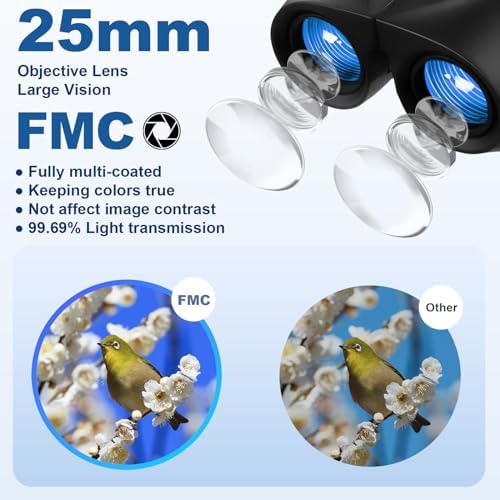 12x25 Compact Binoculars for Adults and Kids - High Powered Binoculars with Clear Low Light Vision and Large Eyepiece, HD Easy Focus Binoculars for Bird Watching, Concerts and Sport Games