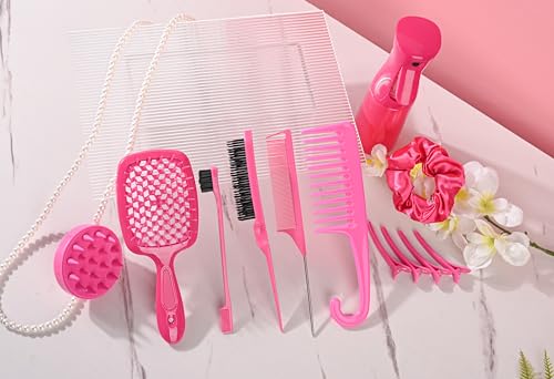 12 Pcs Hair Brush Set, 3 Pieces Slick Back Hair Brushes for Toddlers, Women, Detangling Brush for Wet Dry Curly Hair, Edge Bristles Wide Tooth Rat Tail Combs for Baby Girls (Rose Red)