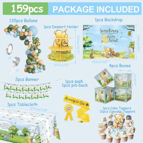 159pcs Blue Classic Winnie Baby Shower Decorations Kit, Vintage Pooh Party Supplies, Classic Pooh Backdrop, Cake Topper, Tablecloth Box Decorations for Girl Boy Baby Shower