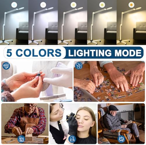 10X Magnifying Glass with Light and Stand, Super Bright 2,200 Lumens LED Magnifying Floor lamp with 5 Wheels Rolling Base, 5 Color Modes Stepless Dimming Lighted Magnifier for Esthetician Facial Salon