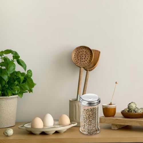 12 oz Retro Style Glass Sugar Shakers Dispenser, Glass Jar, Sugar Shaker, Stainless Steel Pour-Flap Lid, For Sugar，Cinnamon，Bee Pollen，pepper and other spices ，1 Pack