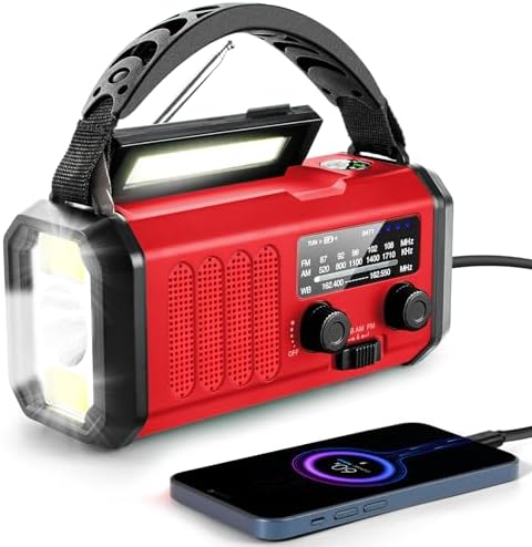 10000mAh Crank Radio, Emergency Radio,NOAA/AM/FM Weather Radio, Type-C Charge,Solar Charging,SOS, 3 Modes LED Torch, Reading Lamp, Compass for Outdoor Survival (Red)