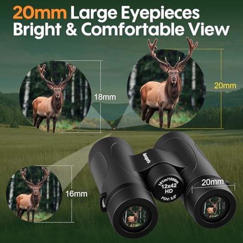 12x42 UHD Waterproof Binoculars for Adults: Aurosports High Powered Binoculars Easy Focus - Large View Lightweight Binoculars with Clear Low Light Vision for Bird Watching Hunting Trip Hiking Black