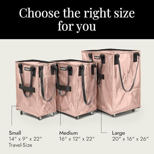 (Medium, Rose Gold) Reusable Grocery Bag On Wheels, Shopping Trolley, Rolling Tote, Zipper Closure, Lightweight, Carries Up to 66 lb, Folds Flat, Unbreakable Handles