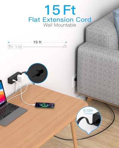15Ft Extension Cord with Multiple Outlets, Flat Plug Power Strip Surge Protector with 15 Ft Long Cord, 6 Outlet 3 USB Ports (1 USB C), Multi Outlet Wall Plug for Travel, College, Dorm Essentials-Black