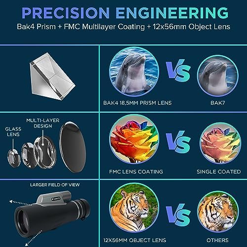 12x56 HD Monocular Telescope High Powered for Adults with Smartphone Adapter, Tripod - Compact Monocular Scope with Clear Low-Light Night Vision for Star Watching, Bird Watching, Hiking