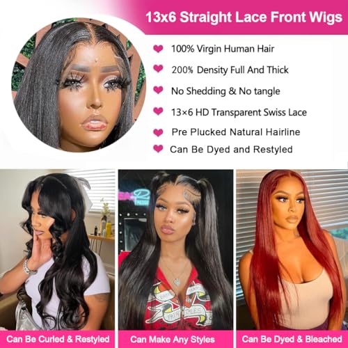 13x6 Lace Front Wigs Human Hair Straight HD Lace Front Wigs Human Hair Pre Plucked with Baby Hair 200% Density 13x6 Frontal Wigs Human Hair Glueless Wig for Black Women 26 Inch Natural Color