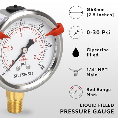 0 to 30 Psi Pressure Gauge, Glycerin Liquid Filled, 2.5 inch Dial, 1/4" NPT Lower Mount, Stainless Steel Case, for Water Tank, Pool Sand Filter, Coolant, CO2, Oil, Gas, Low Pressure Test