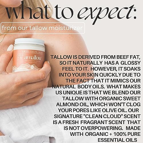 100% Grass Fed Beef Tallow for Skin Care - Face + Body - Whipped Moisturizer - Natural Lotion, 4 FL. oz. (Clean Cloud)
