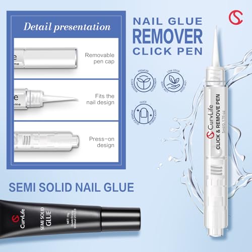 15g Semi Solid Nail Glue Gel with 5ml 3 IN 1Nail Glue Remover, No Need For Uv Light, Gel Glue for Press On Nails, Nial Glue Remover for nails, Click&Remove Pen Design
