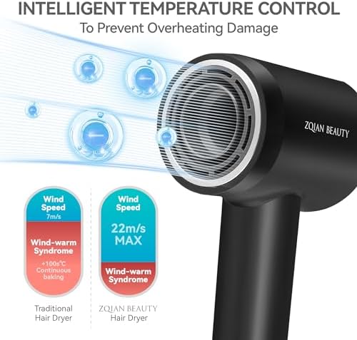 110,000 RPM Brushless Motor Hair Dryer for Fast Drying, 200 Million Negative Ions, Travel-Friendly Low Noise Design (Black, with Concentrator and Diffuser)