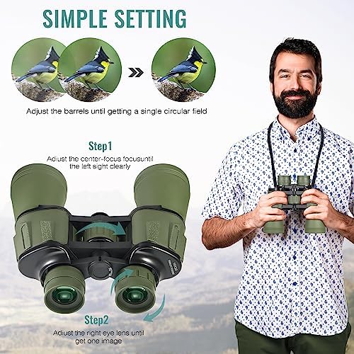 10X50 HD Binoculars for Adults and Kids, Large View Compact Binocular with Clear Low Light Vision, Waterproof/Professional Binoculars for Bird Watching/Outdoor Hunting/Travel (Green)