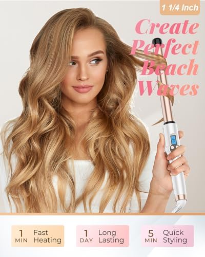 1 1/4 Inch Extra Long Barrel Curling Wand, Ceramic Tourmaline Curling Wand Professional Dual Voltage with Adjustable Temperature