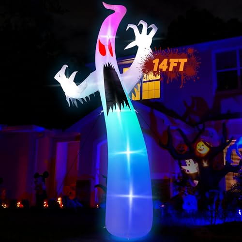14 FT Halloween Outdoor Inflatables, Giant Scary Ghost Inflatables Decorations, Built-in RGB Color Changing Lights Blow Up Spooky Red Eye Ghost Decor for Lawn Garden Haunted House Outdoor