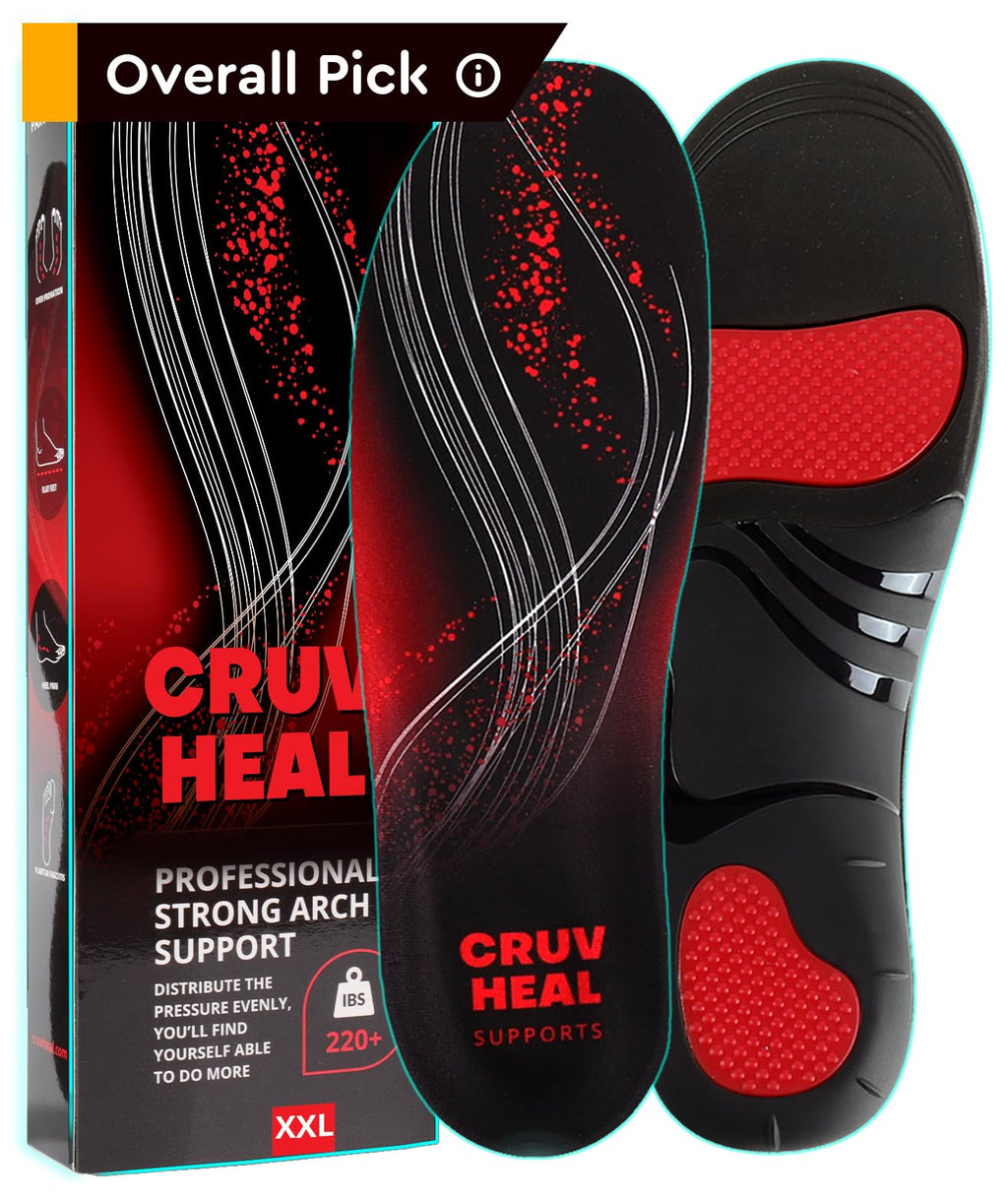 (Pro Grade) 220+ lbs Plantar Fasciitis High Arch Support Insoles Men Women - Orthotic Shoe Inserts for Arch Pain Relief - Boot Work Shoe Insole - Standing All Day Heavy Duty Support (XXL, Black)
