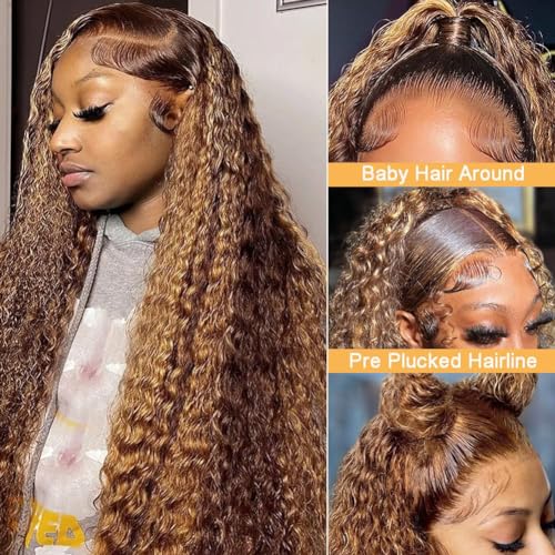 13x6 Highlight Lace Front Wig Human Hair 4/27 Ombre Deep Wave Lace Front Wig Human Hair Pre Plucked With Baby Hair 180% Density Honey Blonde Curly Human Hair Glueless Wigs for Women (28 inch)