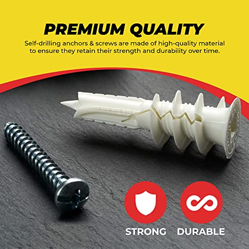 #8 Self Drilling Drywall Plastic Anchors with Screws - No Pre Drill Hole Preparation Required - 75 Lbs (100 Pack)