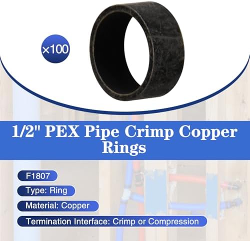100 Pack 1/2" PEX Copper Crimp Rings, for Pex Pipe Connection (1/2", 100 Pack)