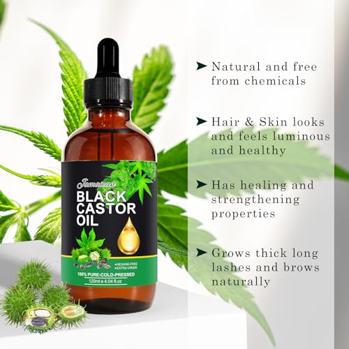 120ML Jamaican Black Castor Oil, Castor Oil Organic Cold Pressed Unrefined, Pure Natural Castor Oil for Hair Growth,Skin & Scalp Moisturizer, Eyelashes & Eyebrows, Deep Cleansing, Nail Care Grow