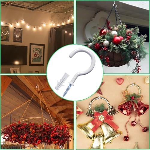 100 Pcs Ceiling Hooks for Hanging Plants, Cups, Utensils and Christmas String Lights, 1-1/4 inch Vinyl Coated Screw-in Plant and Cup Hooks for Wooden and Drywall with Anchors