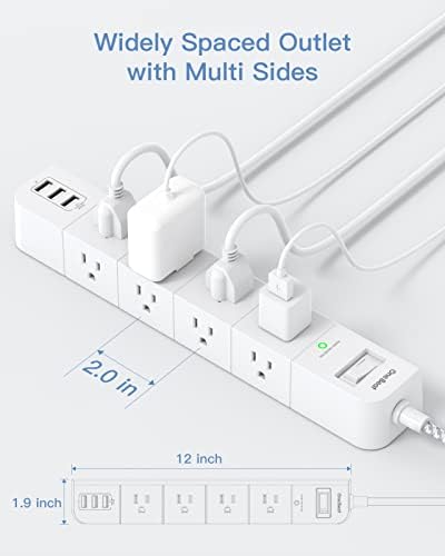 10 ft Extension Cord, Power Strip Surge Protector - 8 Widely AC Outlets 3 USB, Flat Plug, Desktop Charging Station with Overload Protection, Wall Mount for Home, Office, Travel, Computer ETL Listed
