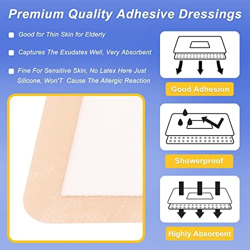 10 Packs Silicone Foam Dressing 5"x5", Silicone Foam Dressing with Border Adhesive Bandages for Wounds, HSA FSA Eligible, Large Foam Bandages for Pressure Sores Leg Ulcer