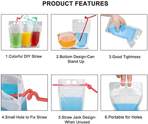 100 Pcs Drink Pouches with 100 Straw Holes, Freezable Juice Pouches, Translucent Reclosable Zipper Plastic Pouches Drink Bags for Cold & Hot Drinks for Adults and Kids