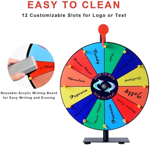 12 Slots Prize Wheel,12 Inch Prize Wheel Spinner with Stand and Heavy Duty Base,Spinning Wheel for Prizes,Spin The Wheel for Fortune Spinning Game Carnival & Engaging Home Parties,Tradeshow.
