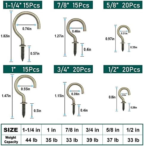 105 Pcs Screw Hooks, 6 Sizes Bronze Cup Hooks, Screw Hooks for Hanging, Metal Cup Hooks Screw in (1/2", 5/8", 3/4", 7/8", 1'', 1-1/4")