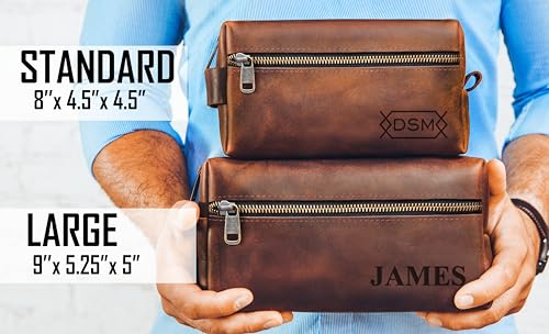 100% Genuine Leather Toiletry Bag Engraved Name or Initials – Crafted in USA – Personalized Travel Bag for Men – Customized Birthday, Anniversary, Father & Groomsmen Gift – Mens Waterproof Dopp Kit