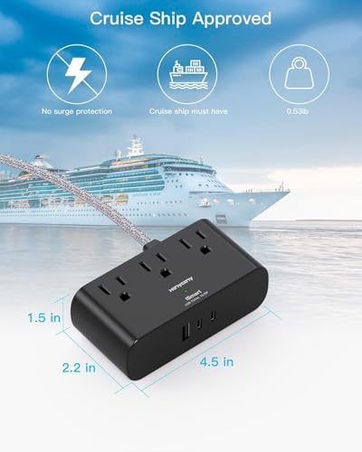 10 Ft Ultra Thin Flat Extension Cord, Black Flat Plug Power Strip with 3 Outlets 3 USB Ports(2 USB C), Desk Wall Outlet Extender, Non Surge Protector for Cruise, Dorm Room Essentials