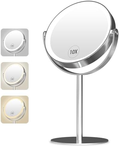 10x Magnifying Mirror with Light - 8in Double Sided Makeup Mirror, 360° Rotation Magnifying Mirror with Light, Portable Travel Makeup Mirror with 3 Color Light,Rechargeable Adjustable Vanity Mirror