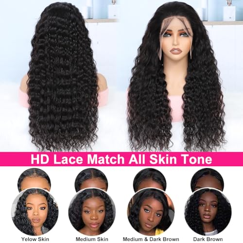 13x6 Deep Wave Full Lace Front Wigs Human Hair Pre Plucked Pre Bleached Deep Curly Human Hair Wigs for Women 180 Density HD Lace Frontal Wig With Baby Hair 28inch