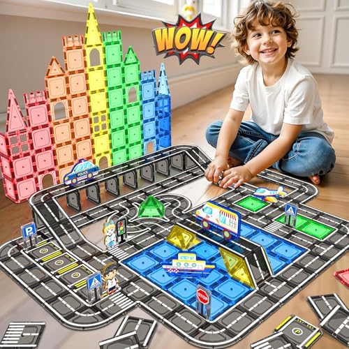 104 PCS Magnetic Tiles Road Set, STEM Magnet Building Blocks for Kids Toddler Toys Games, Christmas Birthday Gifts for 3+ Year Old Boys Girls, Car Enthusiasts and Classroom Must Haves