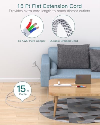 15FT Power Strip Surge Protector, Extension Cord with Multiple Outlets, 6 AC Outlet 4 USB (2 USB C), Flat Plug, Wall Mount, Multi Plug Outlet Extender for Home Office Dorm Room Essentials