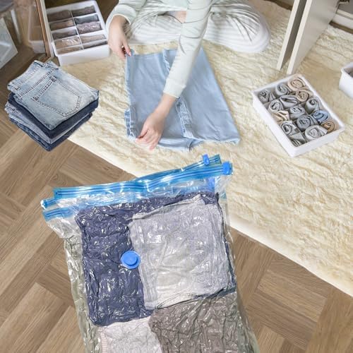 10 Pack Large Vacuum Storage Bags with Hand Pump, 80% Storage Space Saving, Sturdy Leak-Free Space Saver Vacuum Seal Bags for Clothing, Vacuum Compression Bags for Travel Lugggage