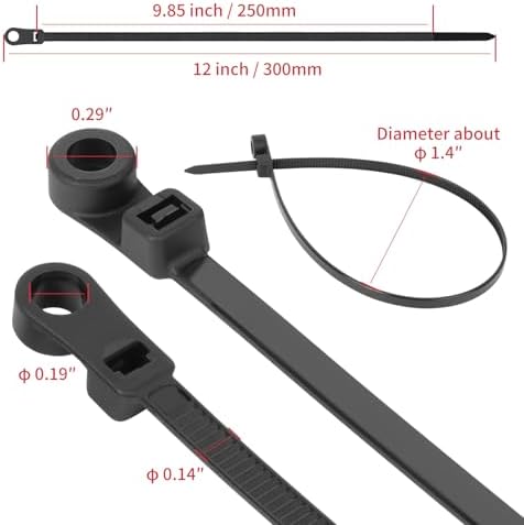 12 Inch Black Cable Ties (100 Pack) zip ties with screw mounting hole 120 lb Strength + 100 Screws - Ideal for Automotive, Fencing & Outdoor Wire Management