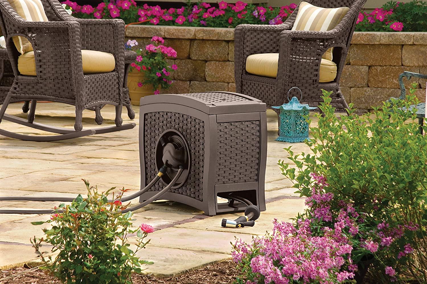 Suncast Aquawinder 125 Wicker Garden Hose Reel Lightweight Portable Hands Free Water Powered Retractable Hose Reel Java