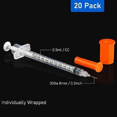 0.5ml/cc 30Ga 0.3inch Syringe with Needle, Sterile Individually Wrapped Package of 20