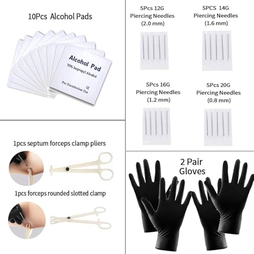 130 PCS Piercing Kit with Piercing Tools for Nose Septum Ear Lip Belly Button Tongue Tragus Cartilage for All Body Piercing with 20 PCS 14G 16G Piercing Needle