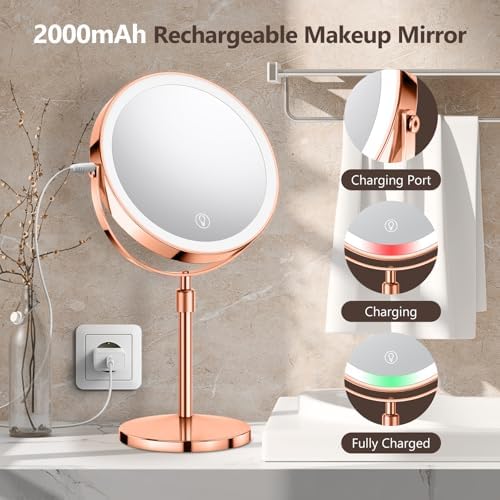10X Large Lighted Makeup Mirror, Rechargeable 8" Height Adjustable Vanity Mirror, 1x/10x Magnifying Mirror with 3 Color, Brightness Adjustable, 360° Rotation Double Sided Mirror, Ideal Gift(Rose Gold)