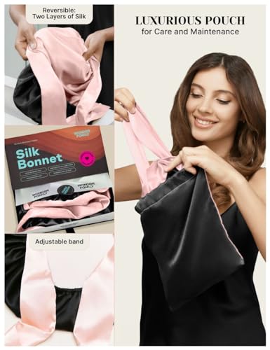 100% Mulberry Silk Bonnet for Sleeping Women with Curly Hair - Valentines Day Gift Silk Sleep Bonnet - Alternative to Double Layer Satin Bonnet with Tie Band - Premium Hair Wrap for Sleep Black
