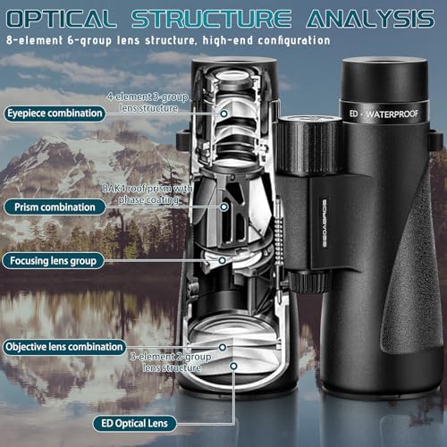 12×50 UHD Binoculars for Adults High Powered with ED Glass- Large View Binoculars with Clear Low Light Vision - Lightweight Waterproof Binoculars for Bird Watching Hunting Stargazing