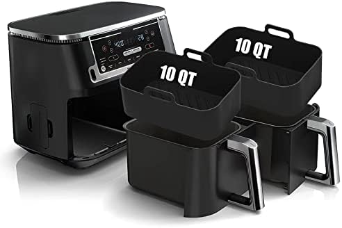 10QT Air Fryer Silicone Liners for Ninja DZ401/DZ550/SL401/SL451/DZ302,MMH 2Pcs Rectangle Food-Grade Airfryer Silicone Pot Reusable Replacement Baking Basket for Cosori 9QT 8-in-1 Dual Air Fryer,Black