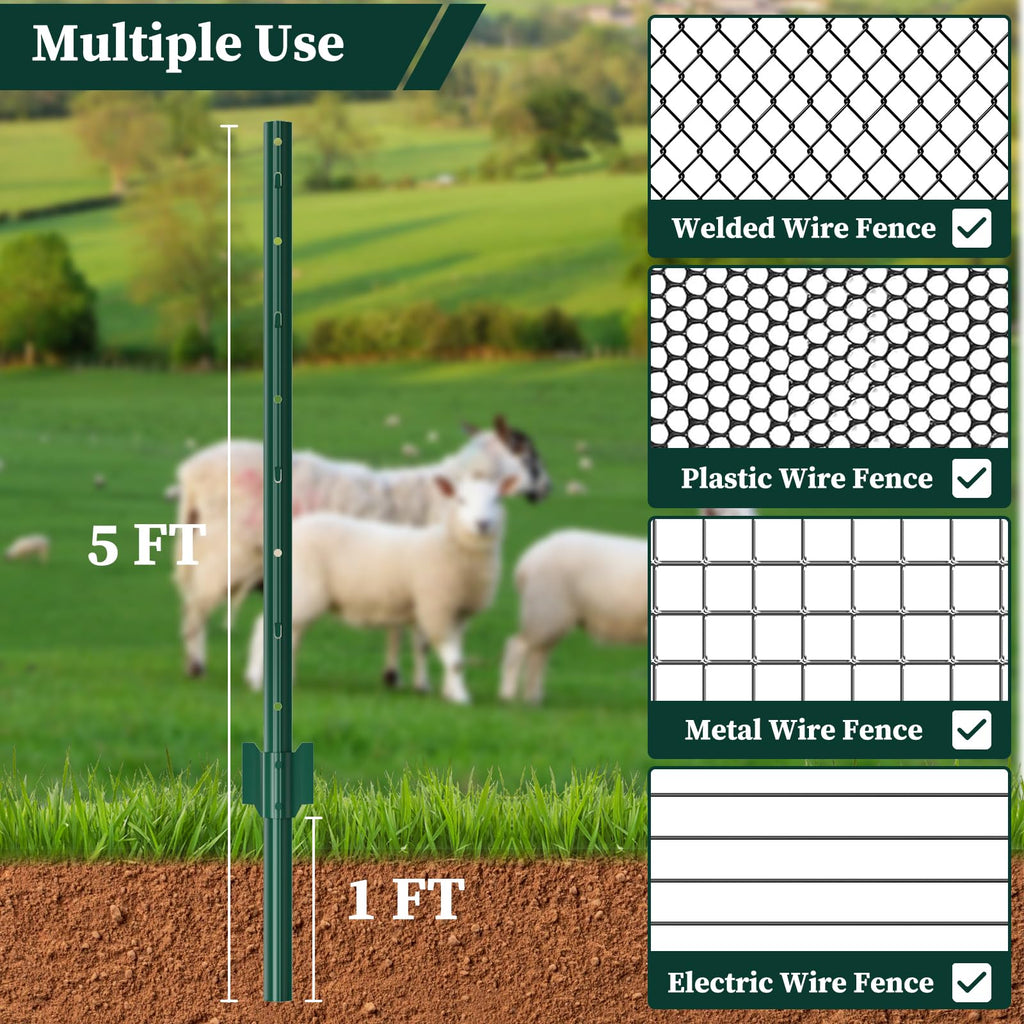 10 Pack Garden Fence Post, 5 Feet Heavy Duty Metal U-Post for Wire Fence, No Dig Garden Fence Stakes for Temporary Fencing, Electric Fence Wire, Corner Anchor, and More-Green