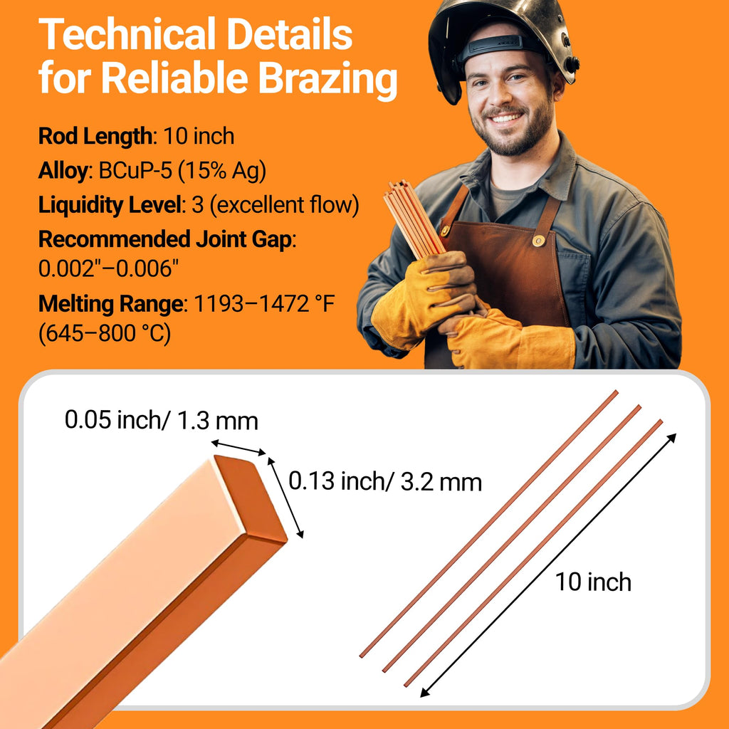 15% Silver Brazing Rods AWS BCuP-5 20 Sticks Silver Solder Phos Copper Brazing Alloys Flat Welding Rods 0.050"x1/8"x10" for Air Conditioning, Refrigerator, Cold Storage, and HVAC Units