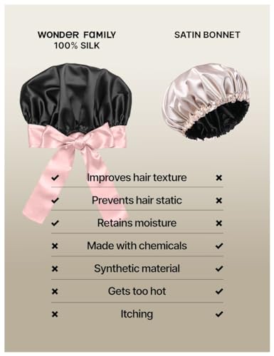 100% Mulberry Silk Bonnet for Sleeping Women with Curly Hair - Valentines Day Gift Silk Sleep Bonnet - Alternative to Double Layer Satin Bonnet with Tie Band - Premium Hair Wrap for Sleep Black