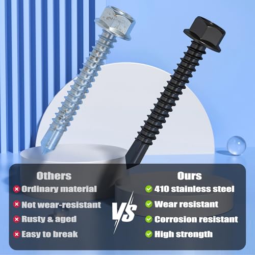 150Pcs Self Drilling Screws Assortment Kit, 410 Stainless Steel Self Tapping Sheet Metal TEK Screws, Black Zinc Plated, #8 1/2" 3/4" #10 1" 1-1/2", Hex Washer Head